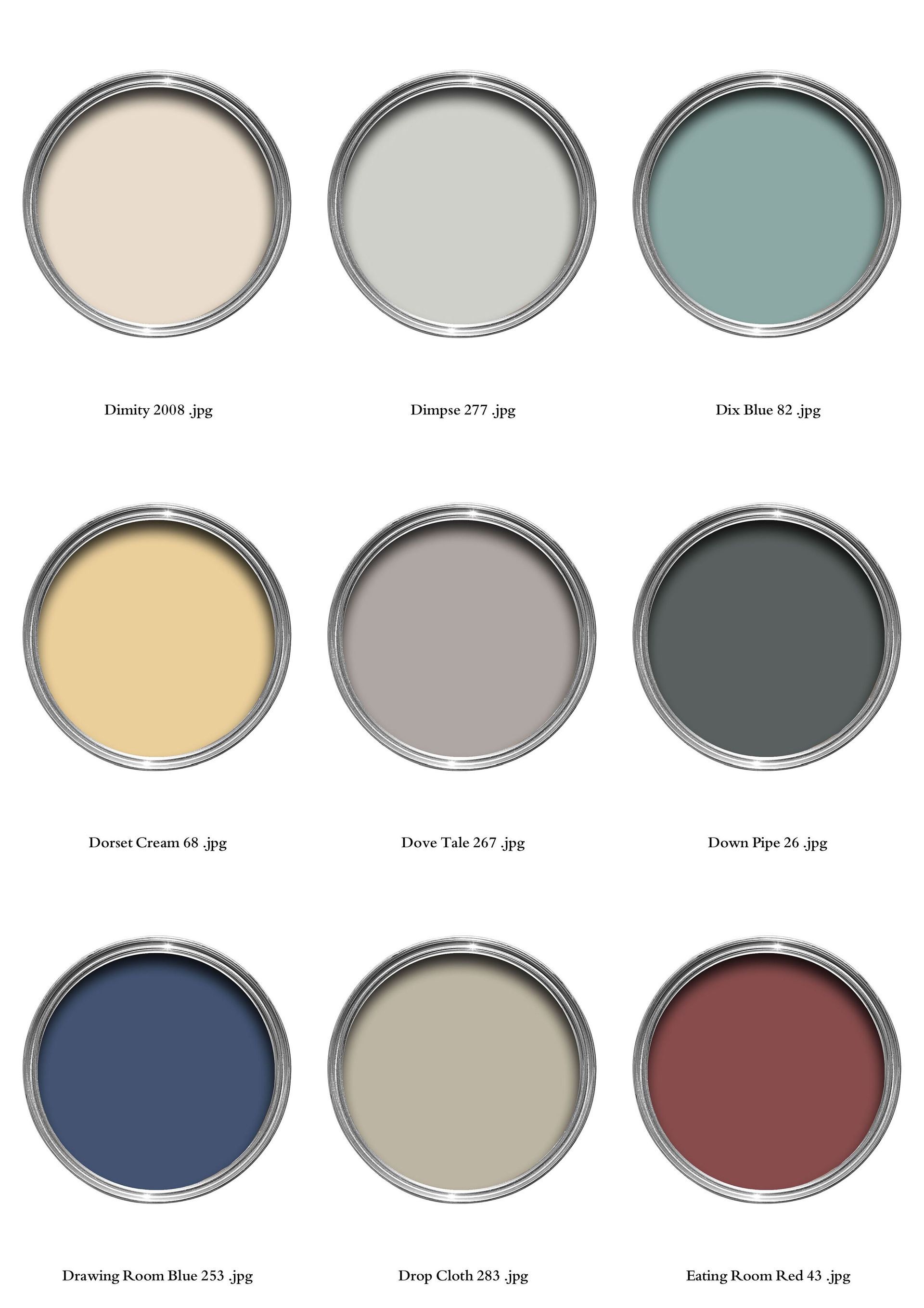 Nine paint cans, each displaying a different color: beige, gray, teal, yellow, taupe, charcoal, blue, tan, and burgundy.