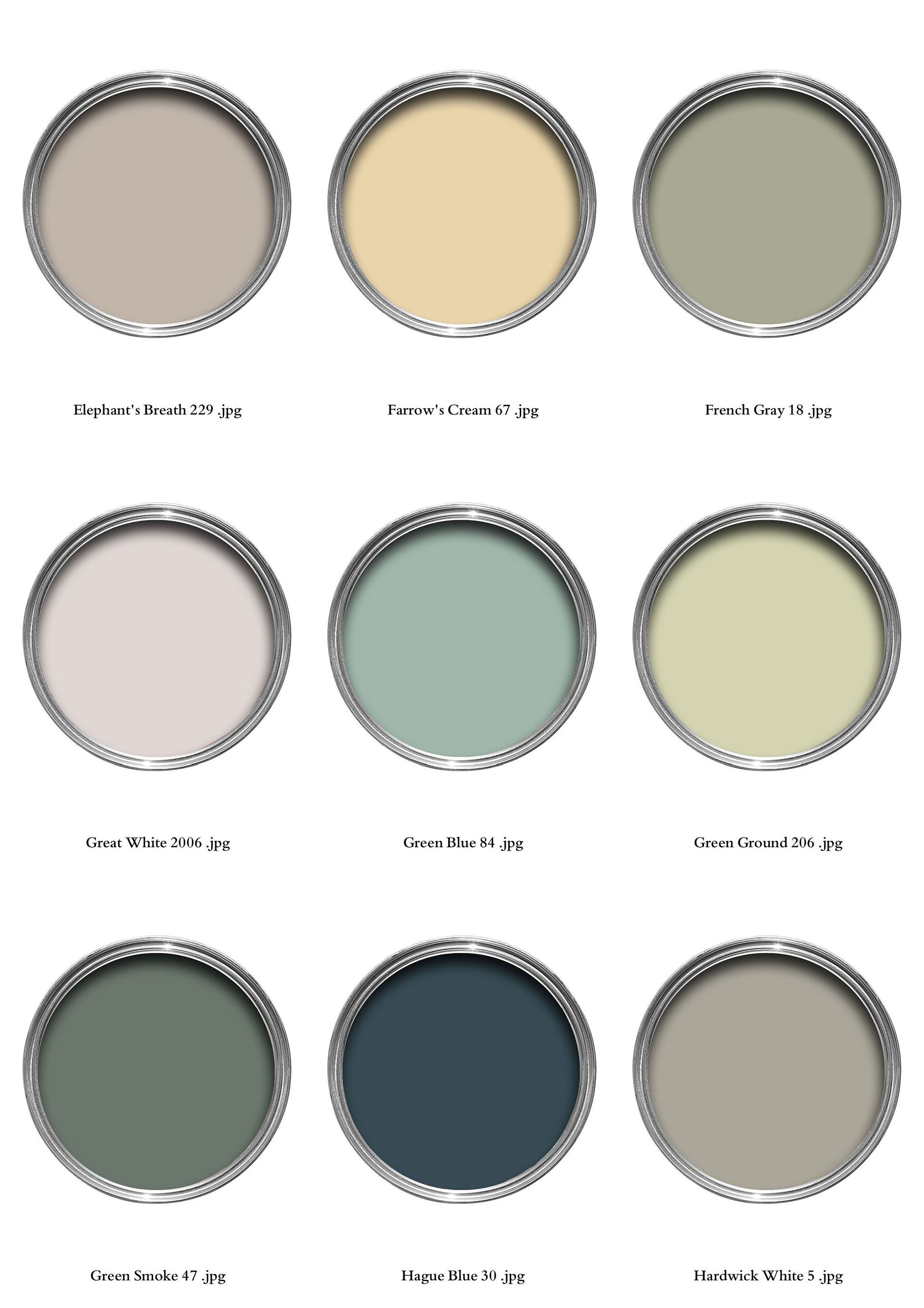 Paint color swatches in various shades: beige, yellow, green, blue.