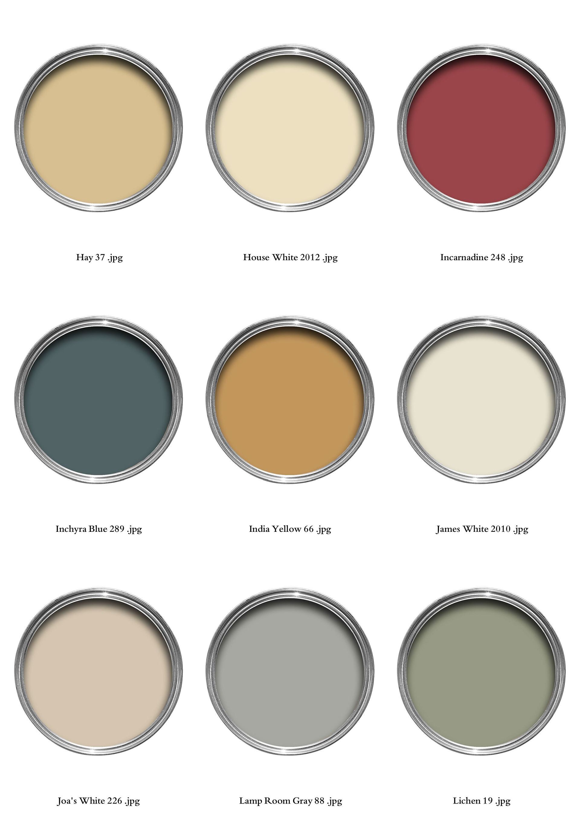 Paint swatches in various colors, including yellow, cream, red, teal, orange, and green.