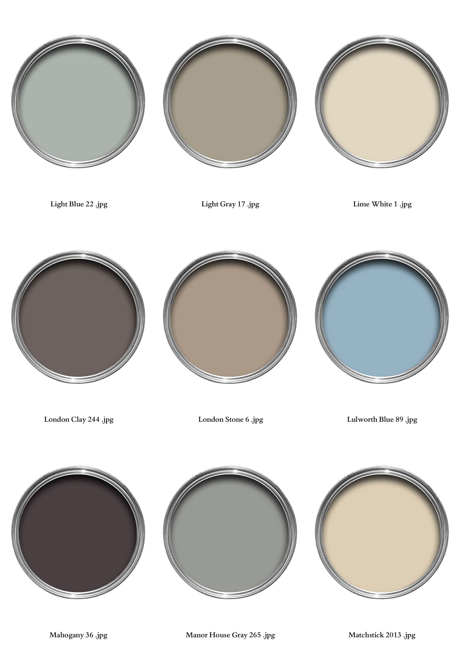 Paint color swatches in round tins. Various muted colors, including blues, beige, and grey.