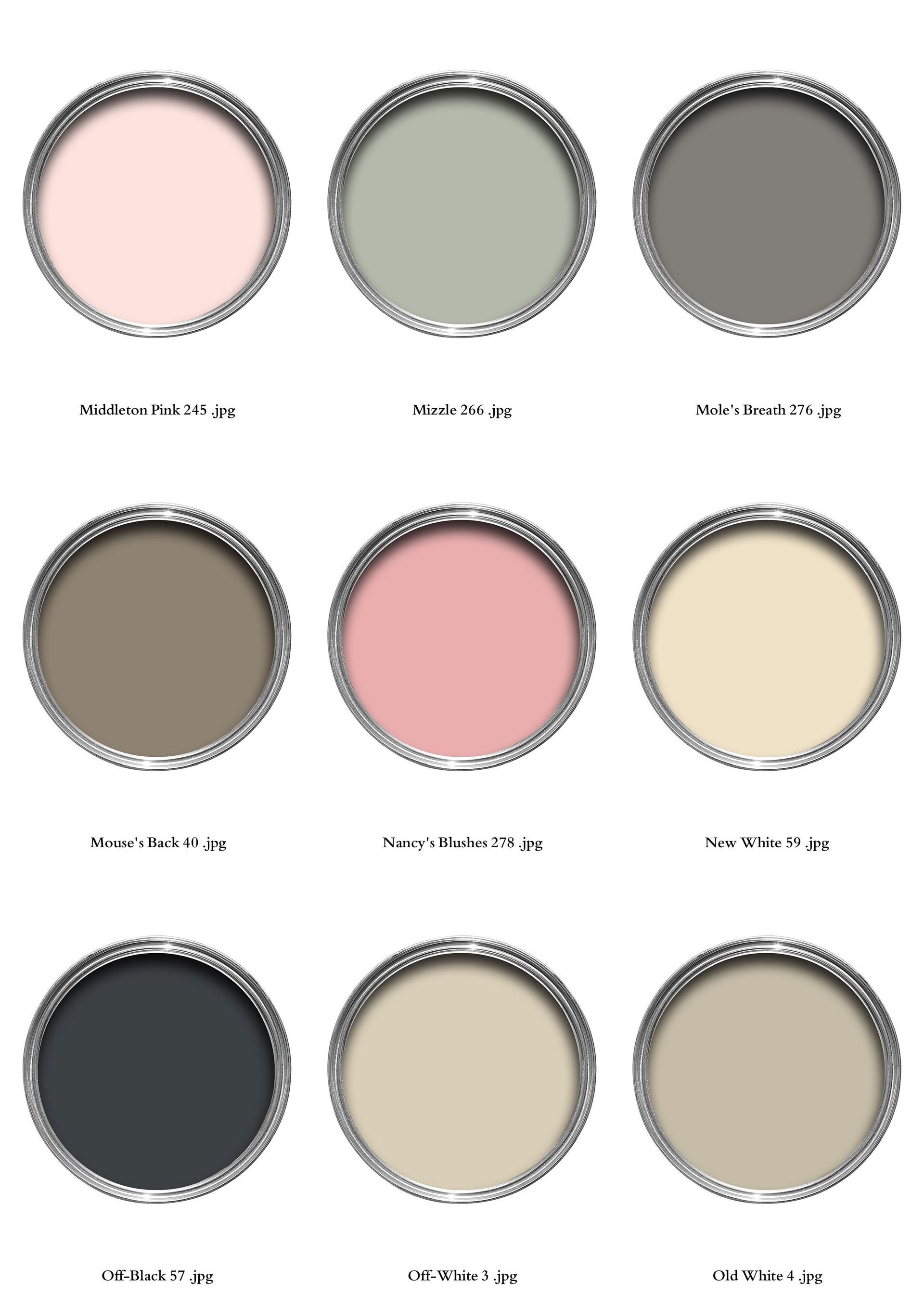 Nine paint cans, showing different colors including pink, green, gray, and beige.