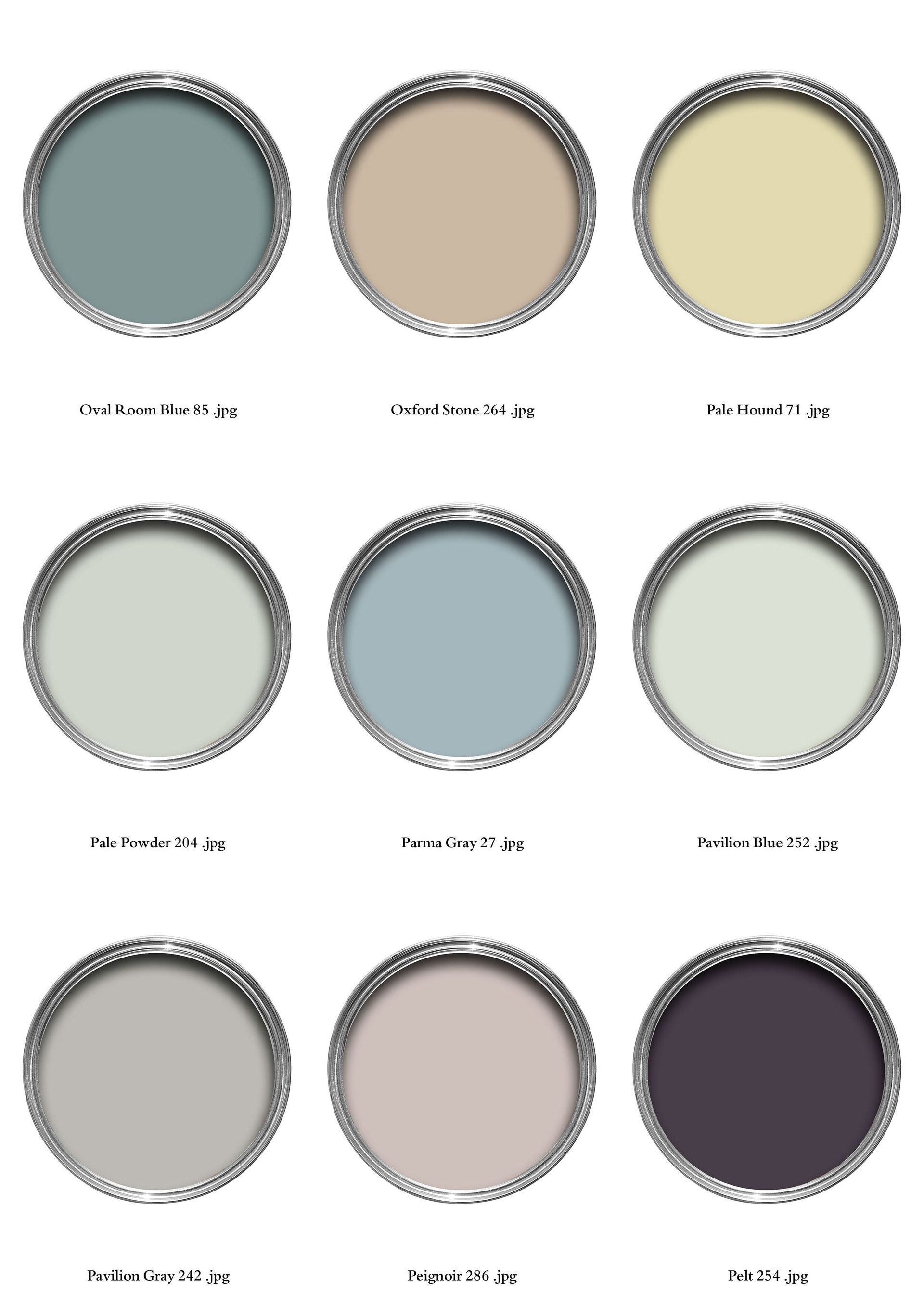 Nine paint cans with swatches of blue, beige, yellow, and purple hues.