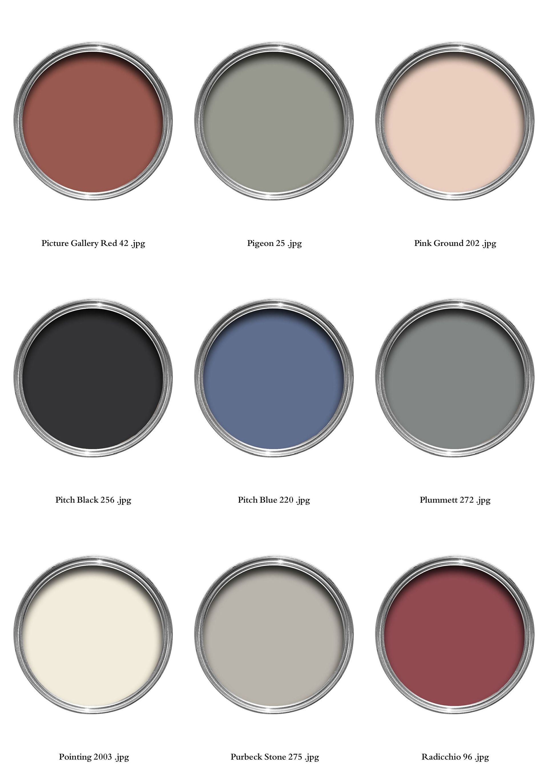 Nine paint cans with different colors: rust, gray, peach, black, blue, gray, cream, light gray, and burgundy.