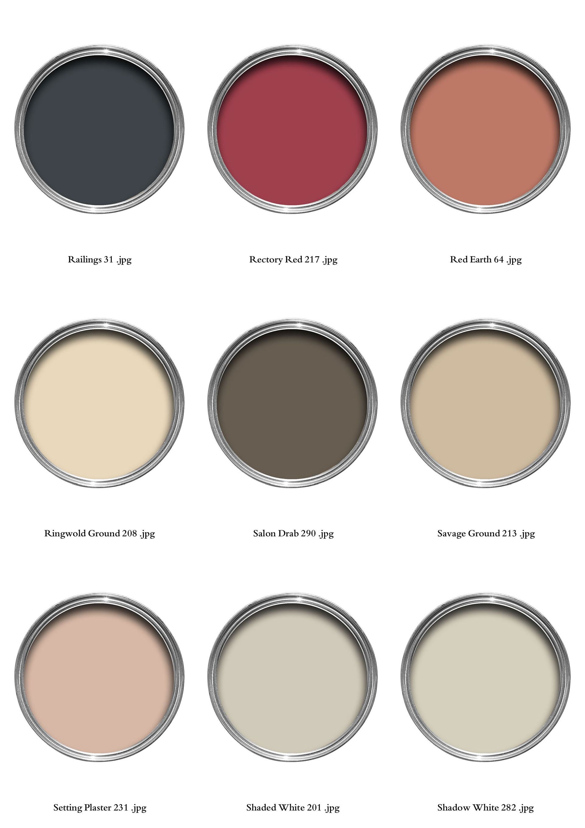 Nine paint color swatches in metallic-rimmed cans: blue-gray, red, peach, cream, brown, tan, pink, beige, and light beige.