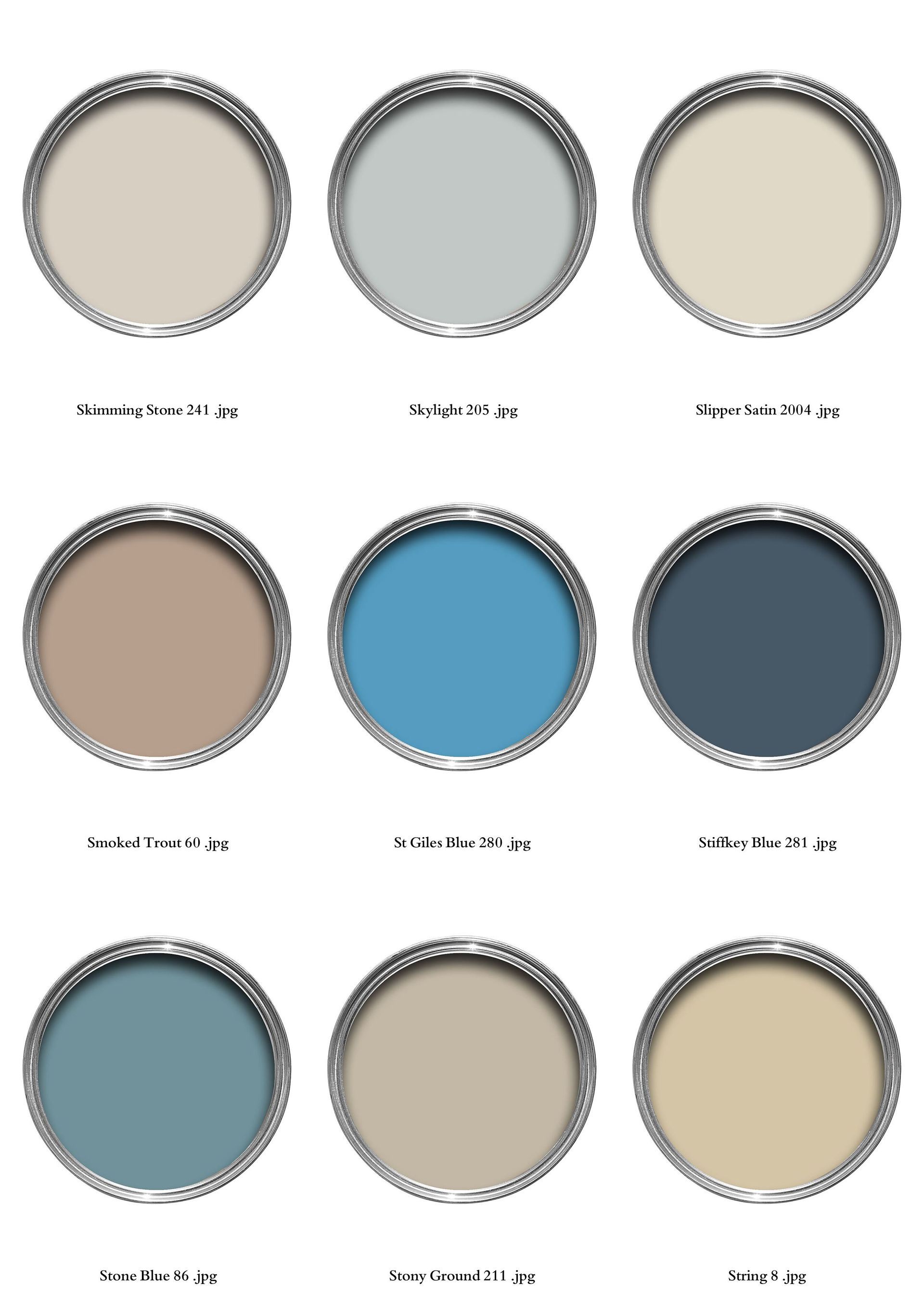 Paint cans with various shades of beige, blue, and gray paint colors.