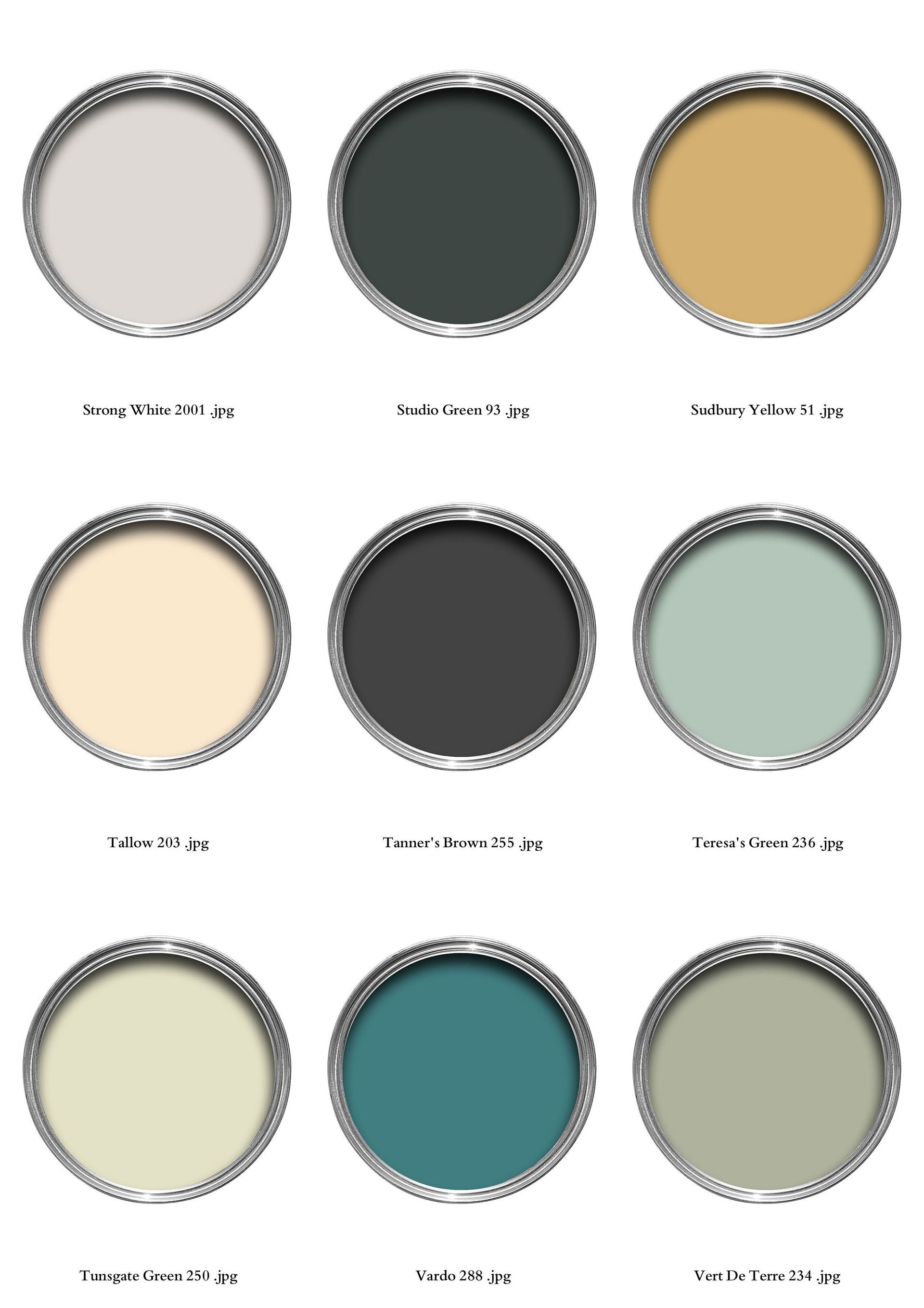 Nine paint color swatches in round tins, showcasing various shades of green, blue, and yellow.