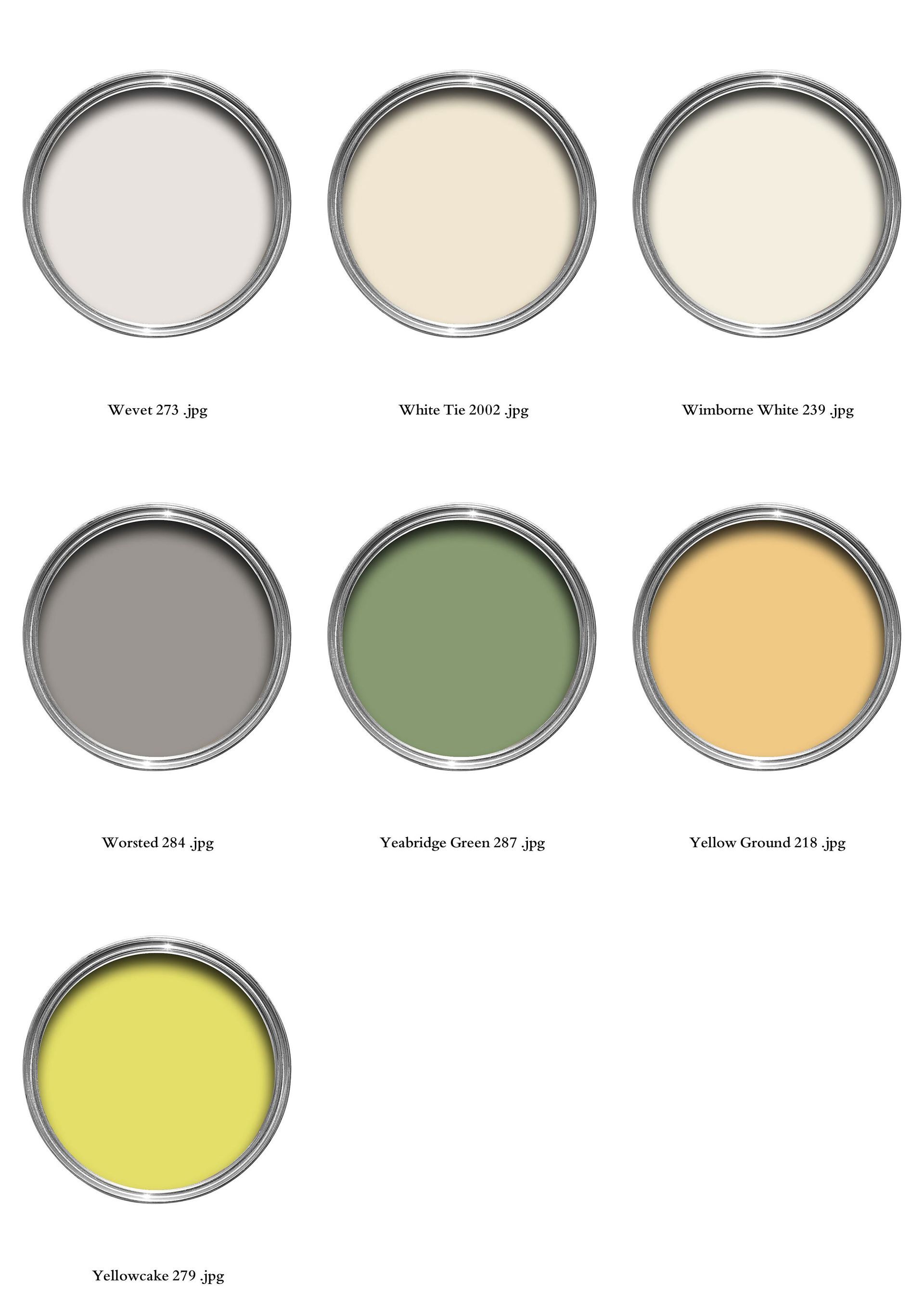 Paint cans in various colors: white, yellow, green, and gray.