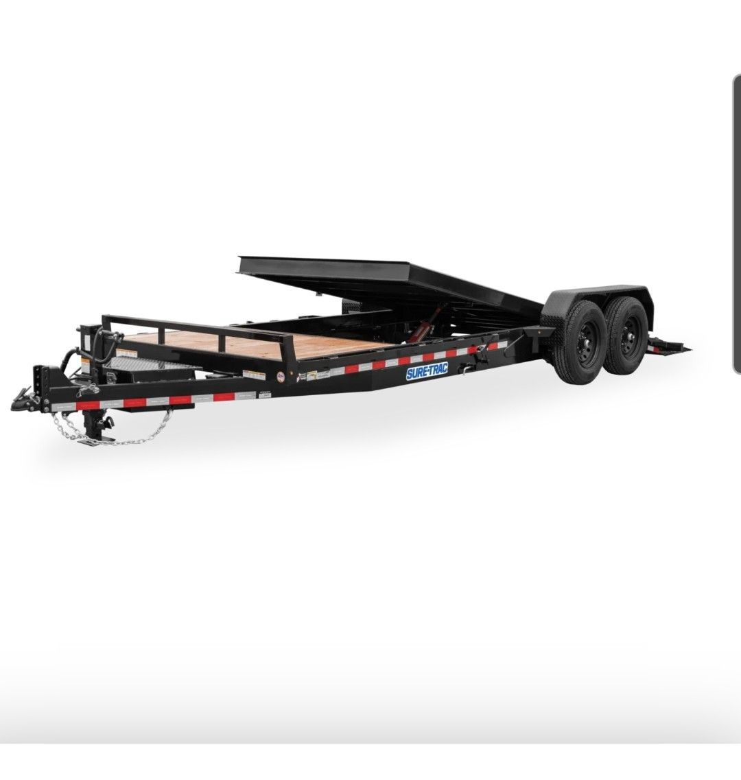 Black dual-axle car hauler trailer with fold-down ramp and winch on a white background