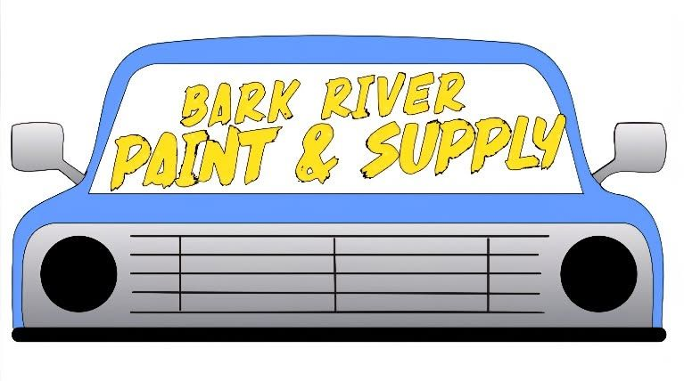 Blue car grille logo reading “BARR RIVER PAINT & SUPPLY” in yellow text