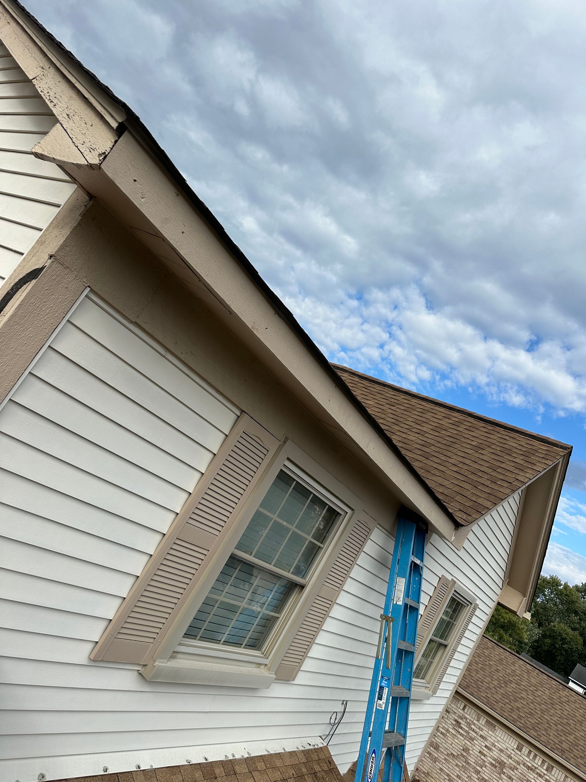 House exterior with white siding, tan trim, and brown roof under a cloudy sky. A blue ladder is leaned against the roof.