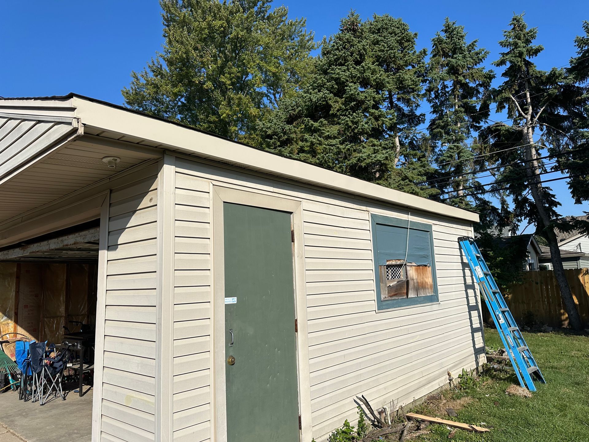Beige shed with green door and window; blue ladder leans against it.