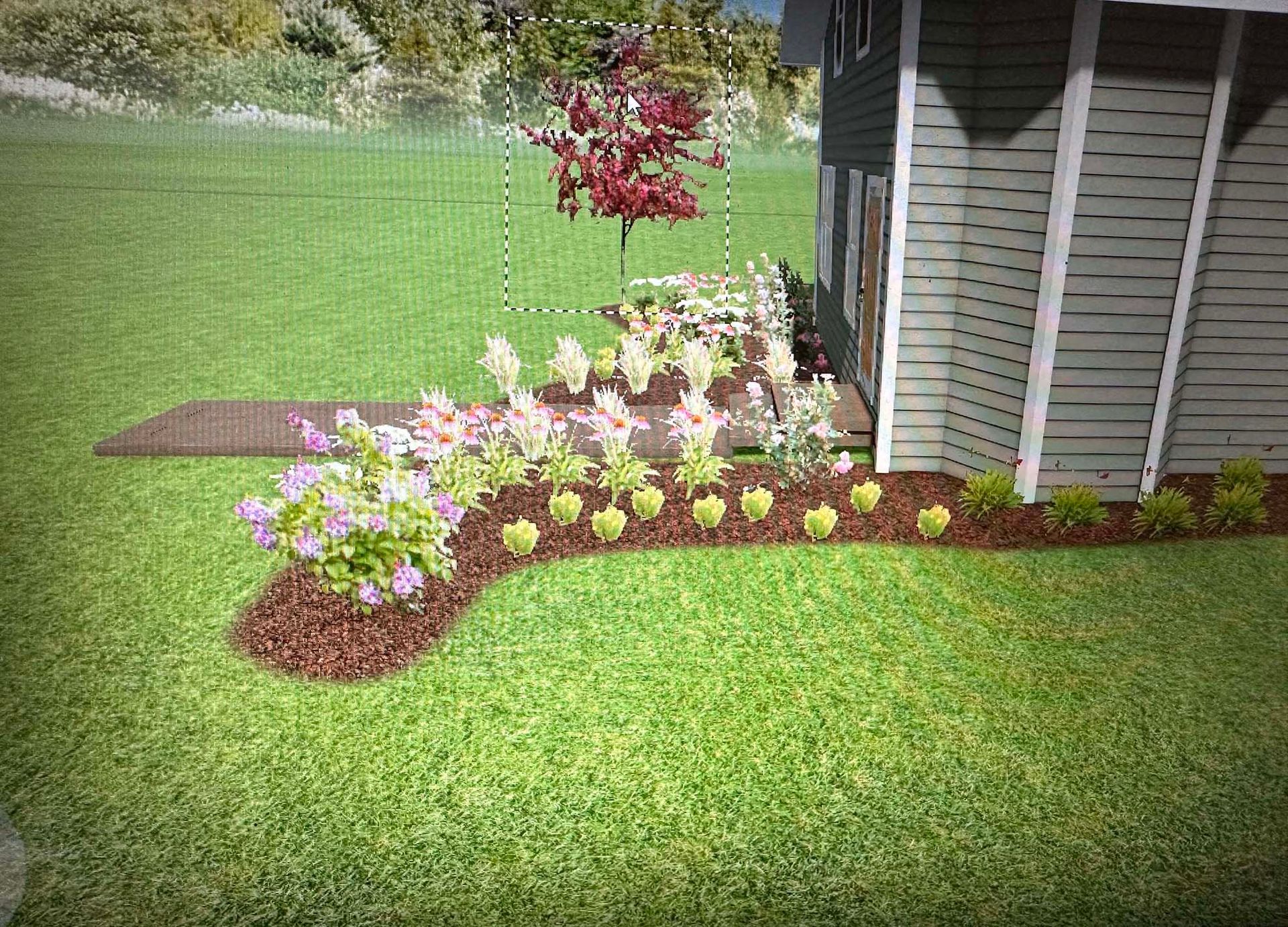 A computer generated image of a garden with a shed in the background.