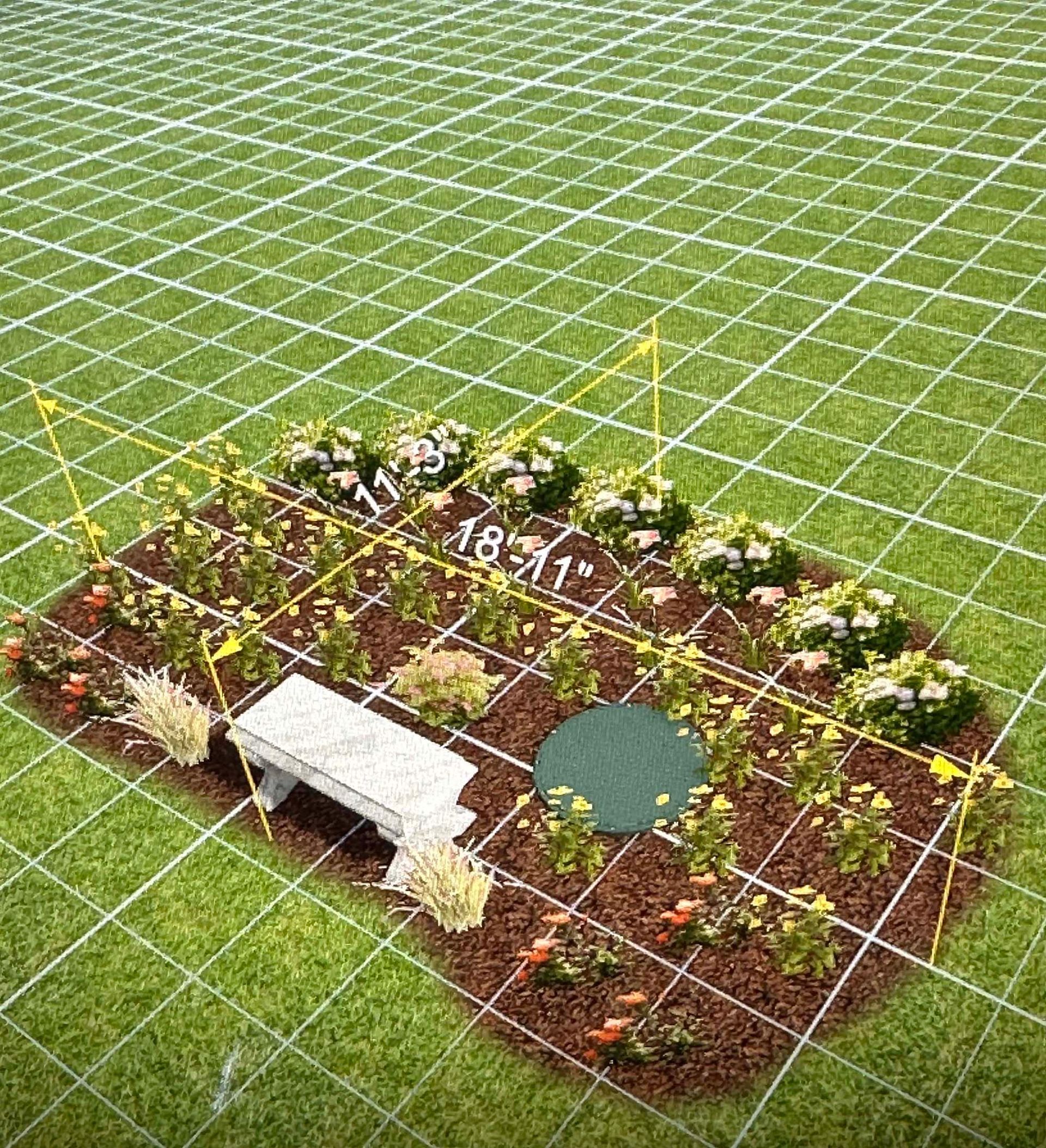 An aerial view of a garden with a bench and flowers.