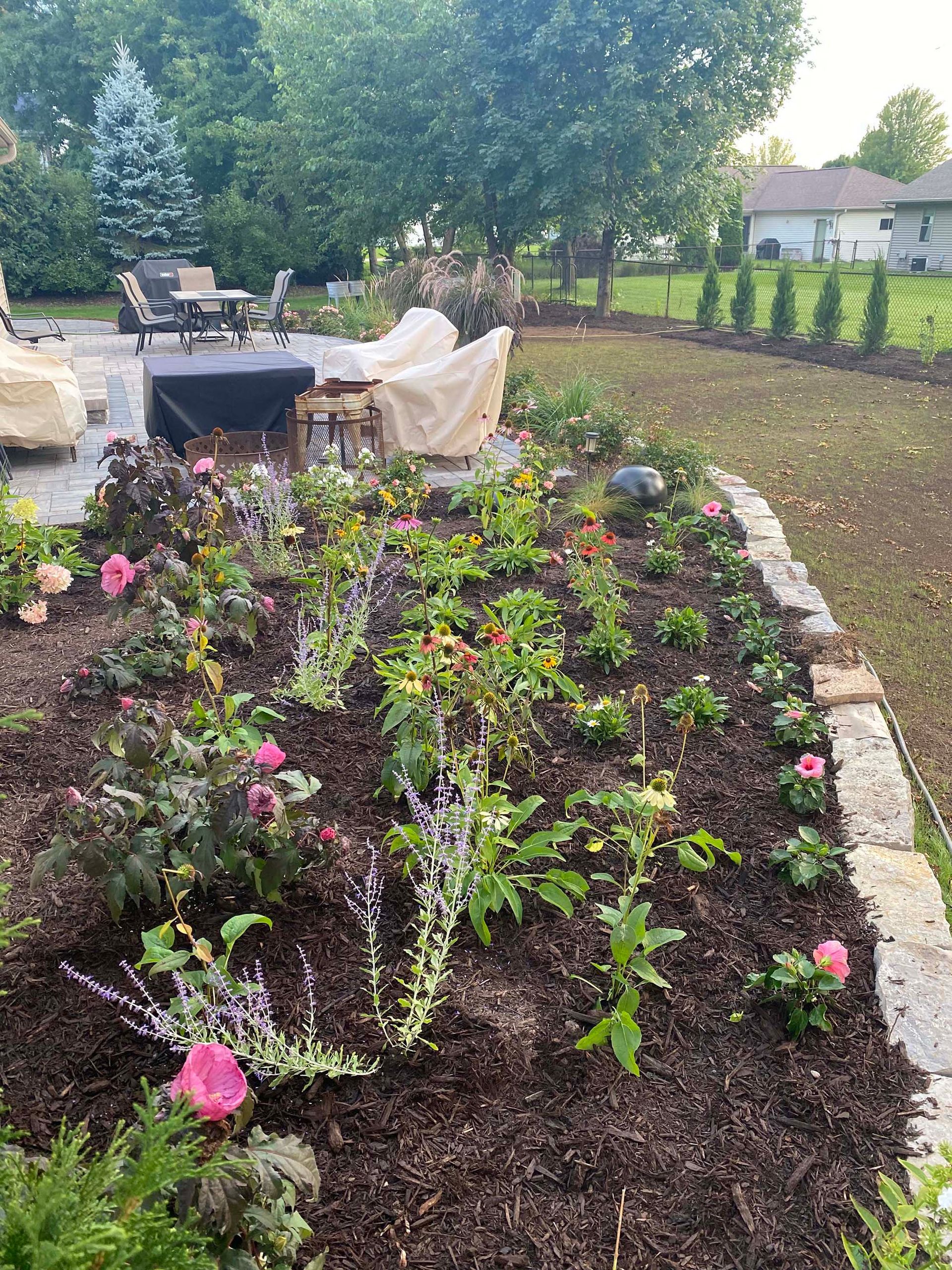 A garden filled with lots of flowers and plants with a patio in the background.