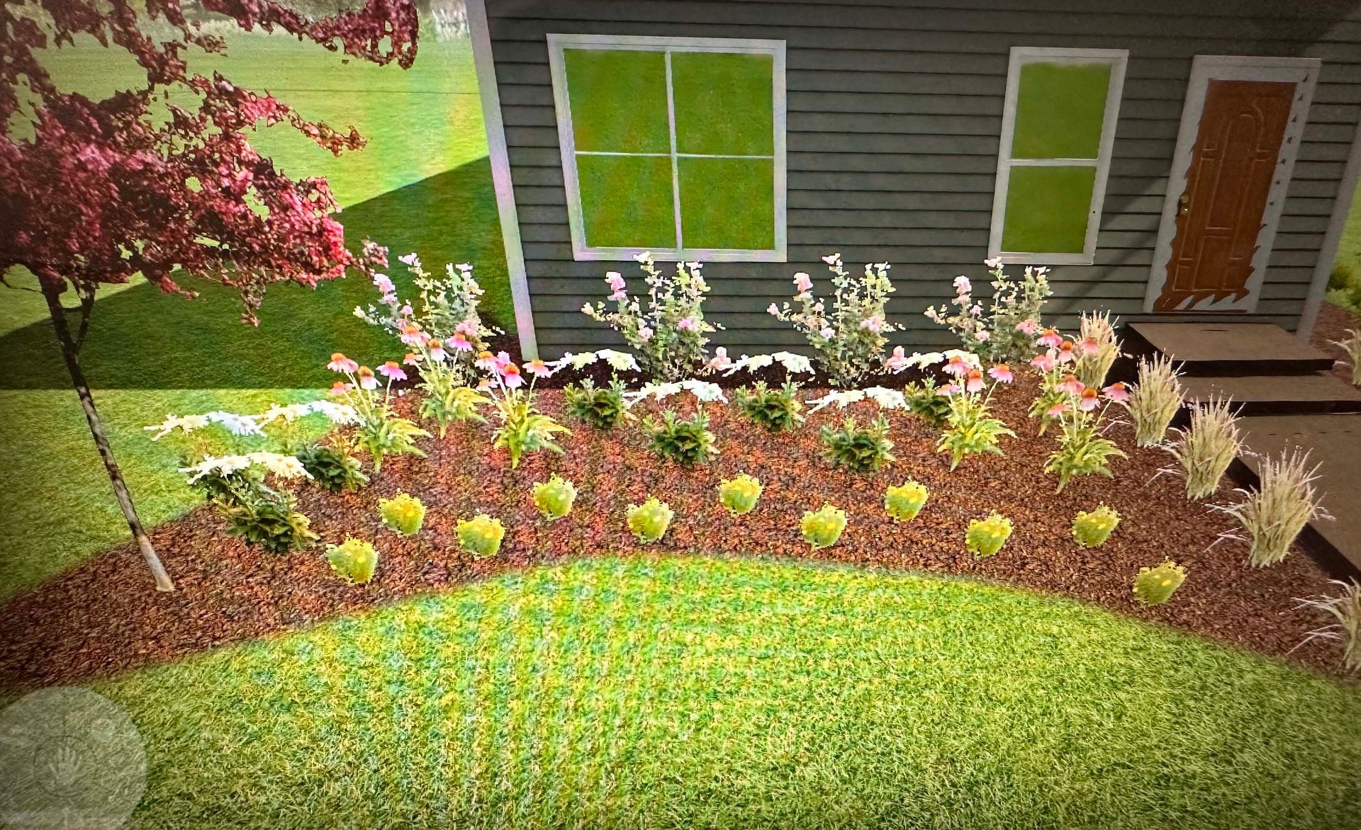 A computer generated image of a garden in front of a house.
