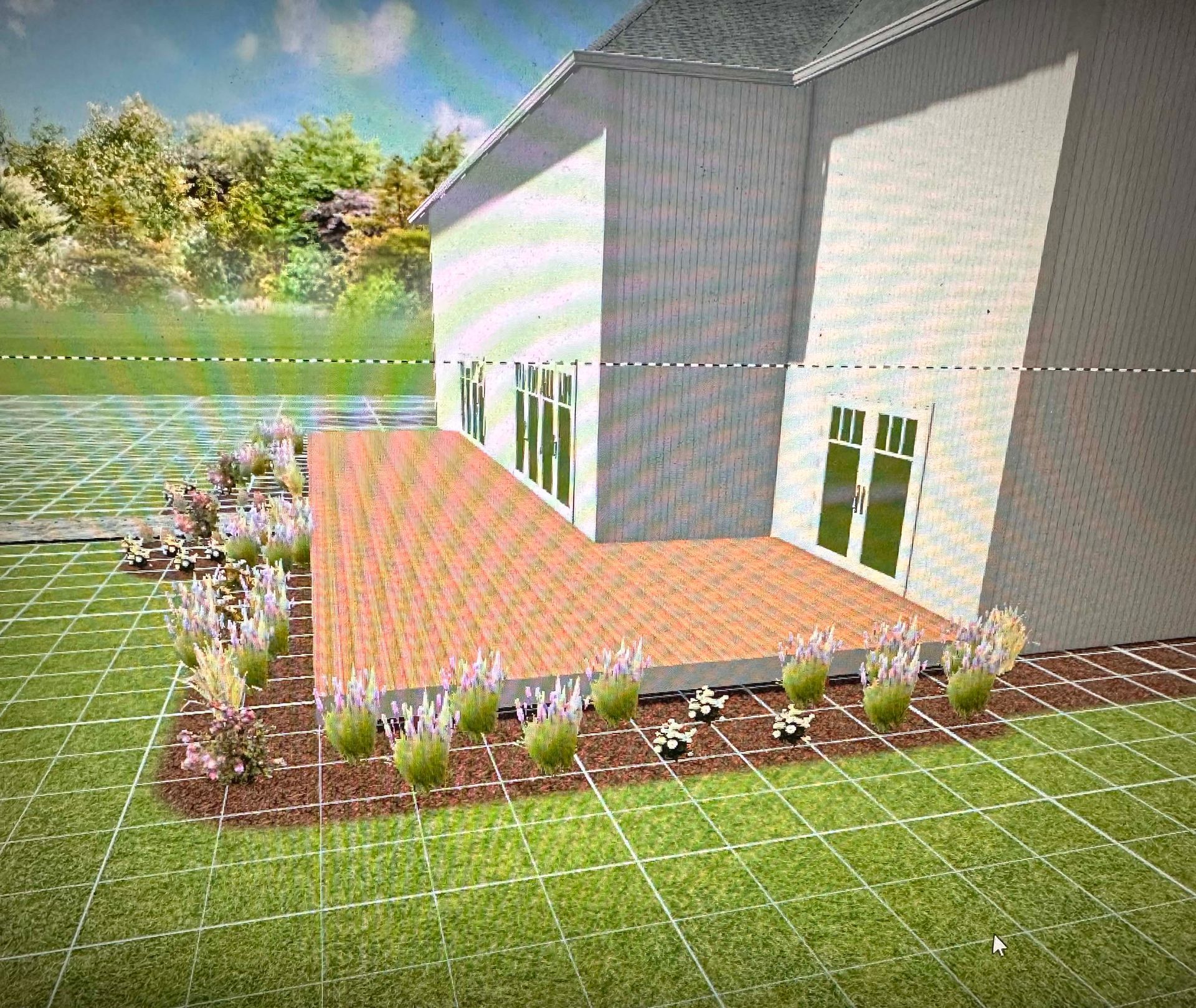 A computer generated image of a house with a patio and a lake in the background.