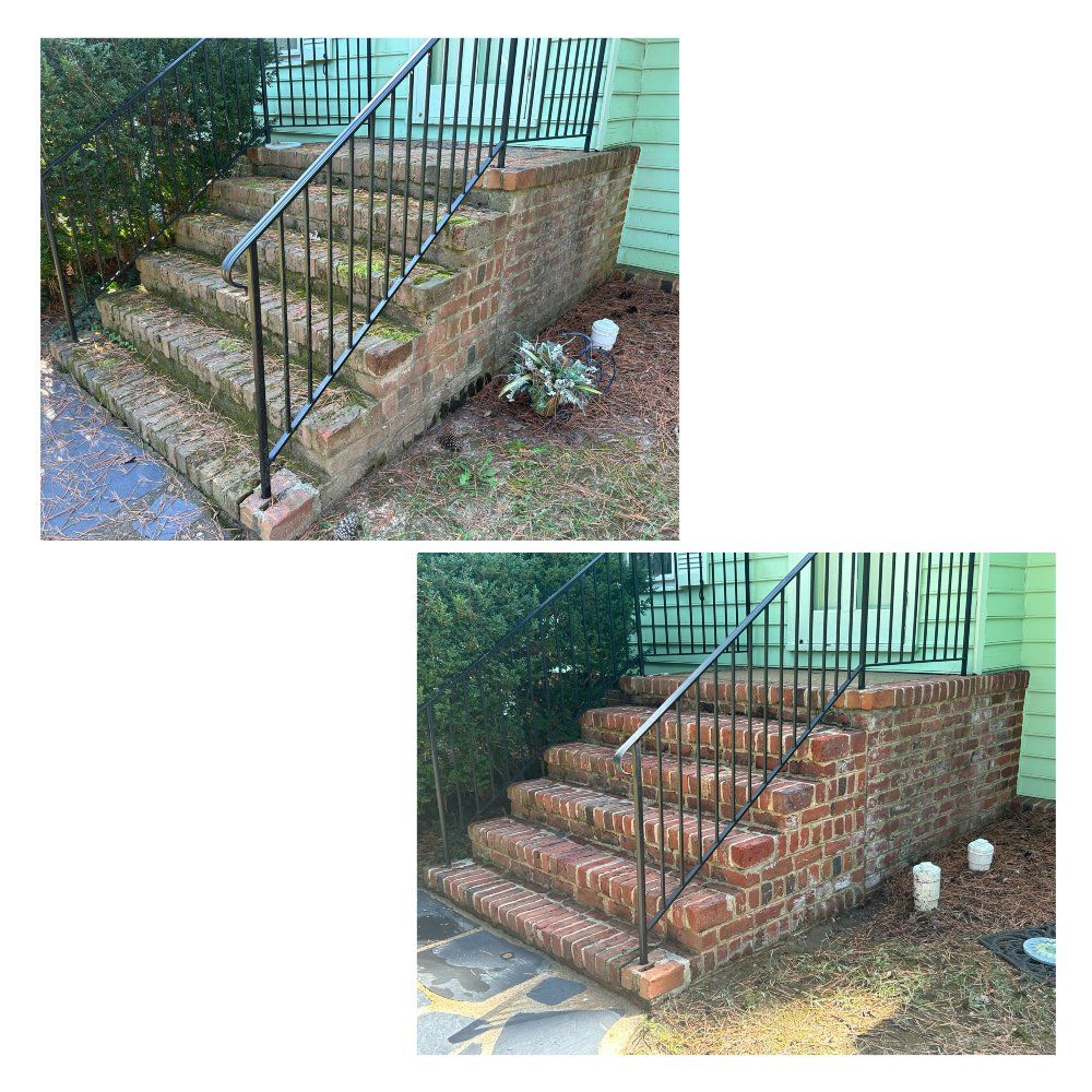 Before and after photos of brick steps and wall cleaned, showing a contrast in appearance.