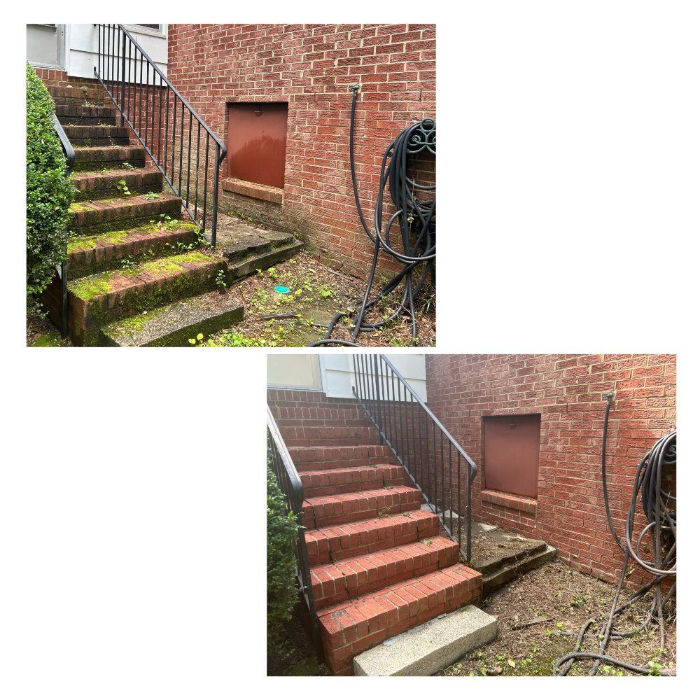 Before and after photos of brick stairs and wall; stairs cleaned of moss and debris.