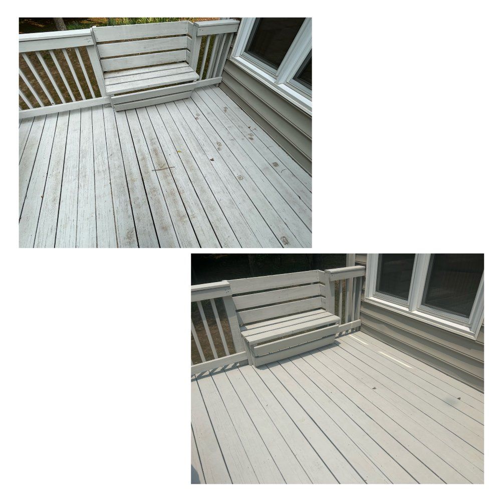 Before and after of a painted deck with a built-in bench, showing the deck's transformation from weathered to refreshed.