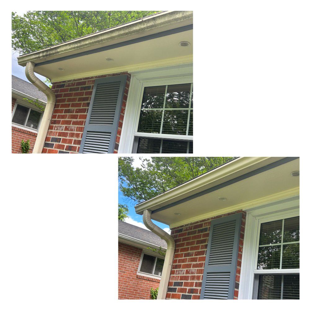 Before and after photos of cleaned gutters on a brick house with gray shutters and white trim.