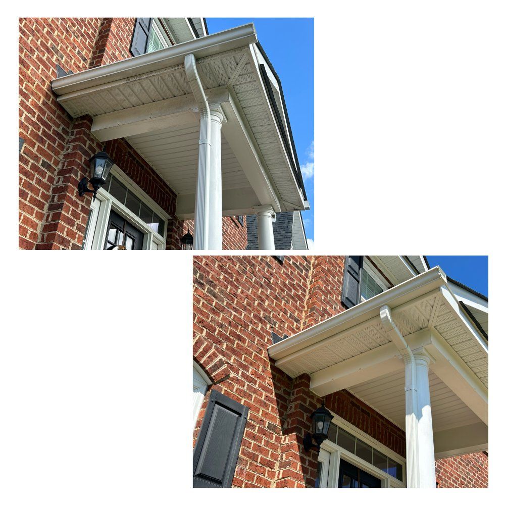 Two views of a brick house with a white porch roof supported by columns, with gutters.
