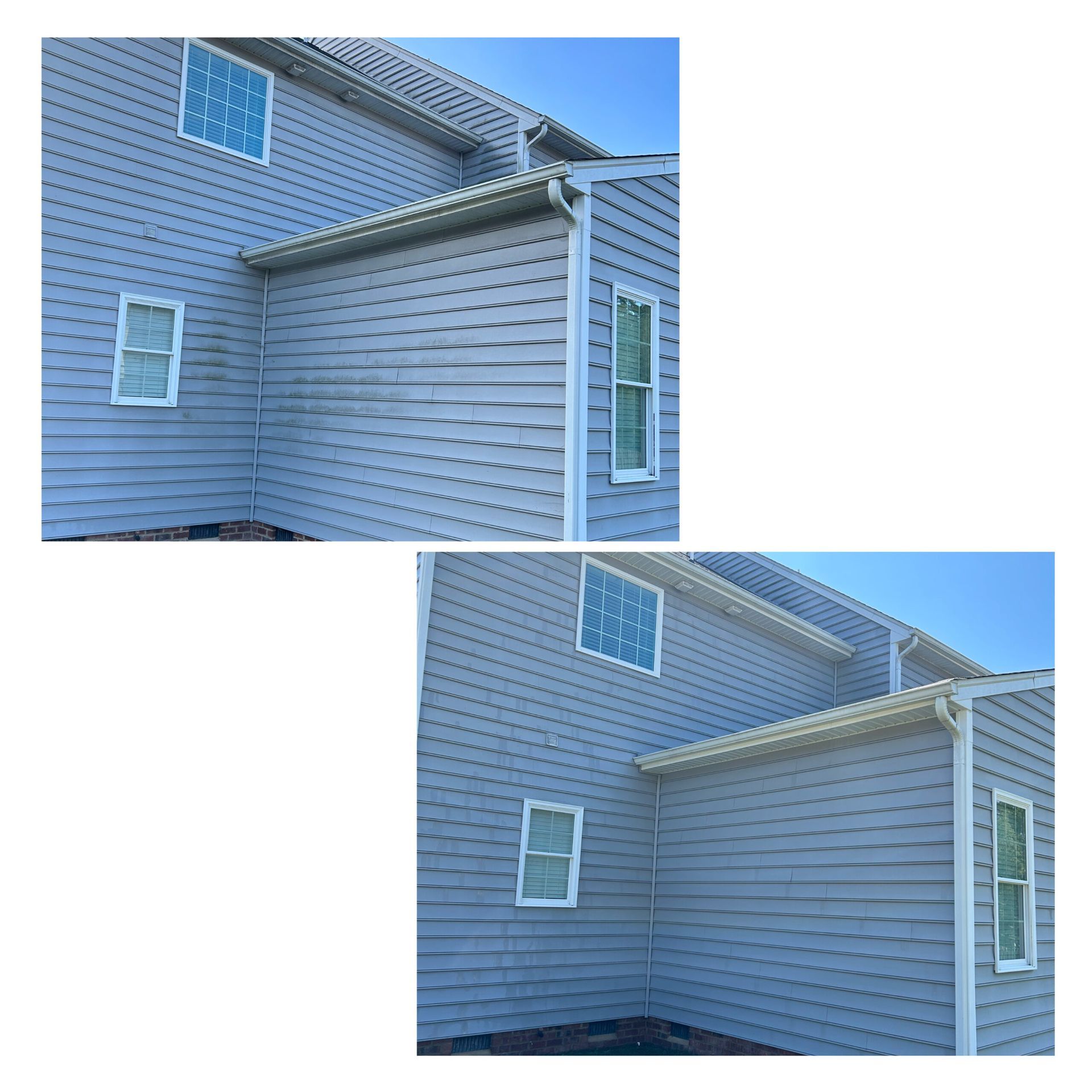 Top: A blue house siding with a faded area. Bottom: The same siding after cleaning, now uniform in color.