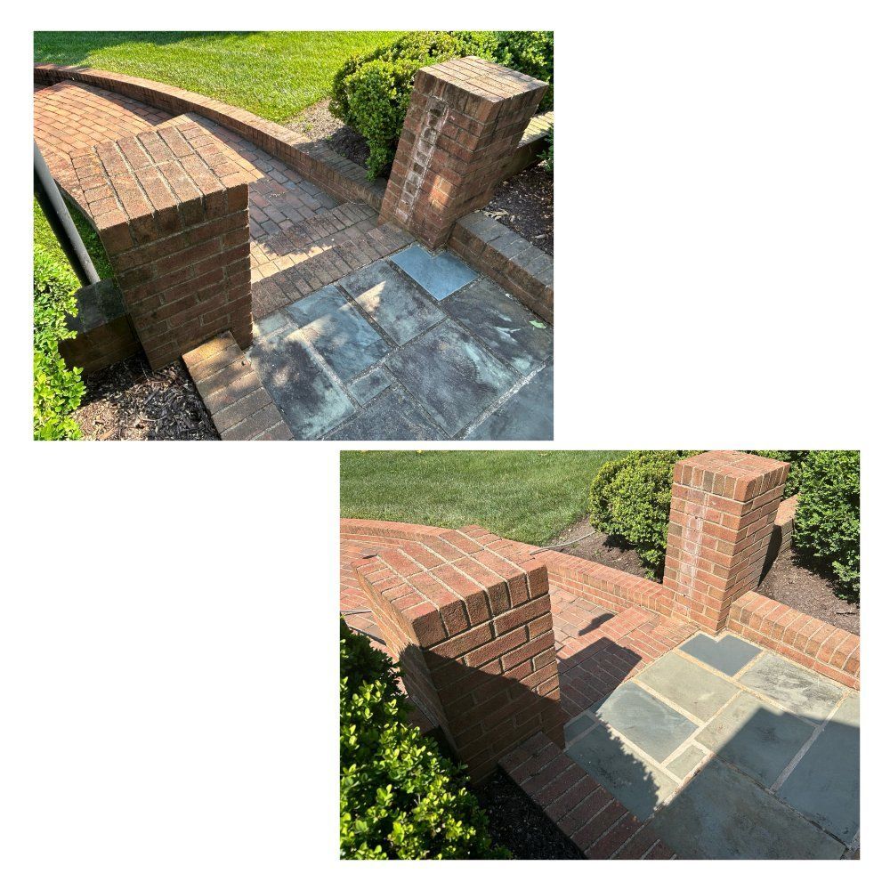 Two images: Brick walkway with pillars and blue stone steps; one view is angled slightly upwards, the other angled downwards.