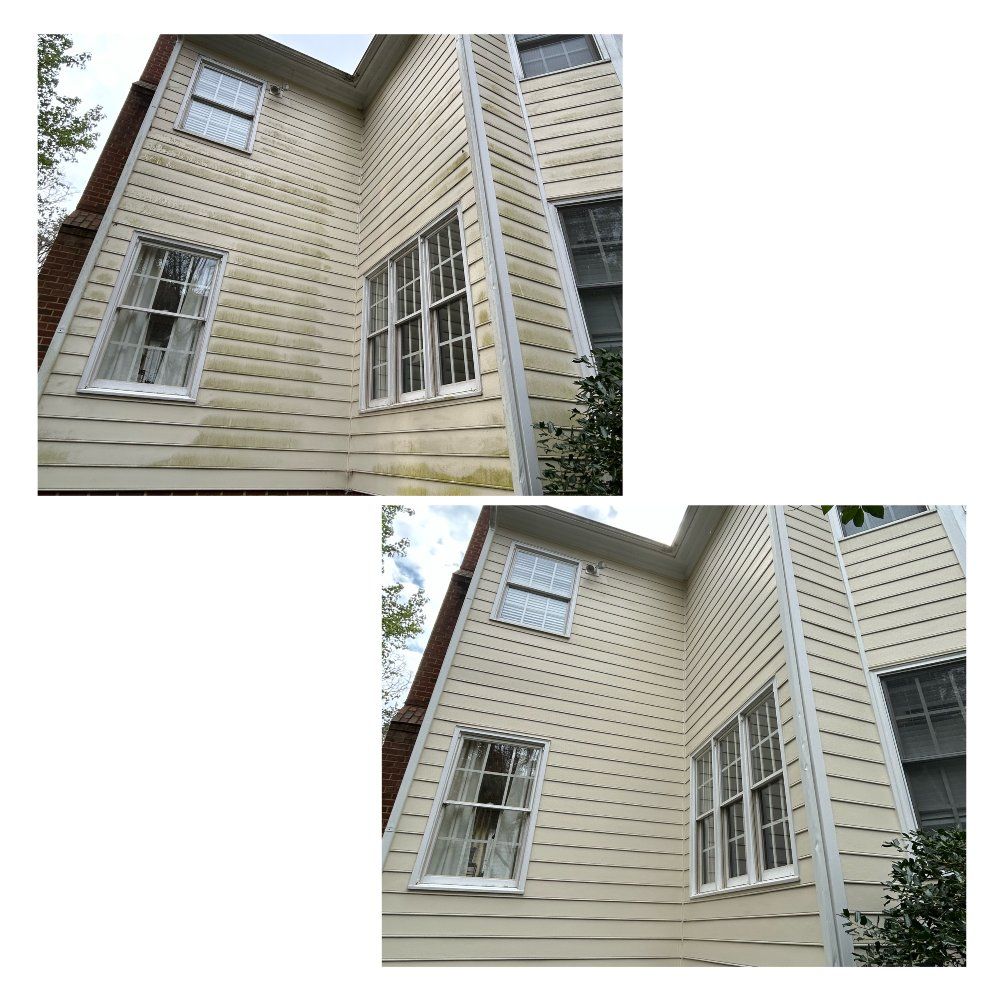 Comparison of dirty and clean house siding after a pressure wash.