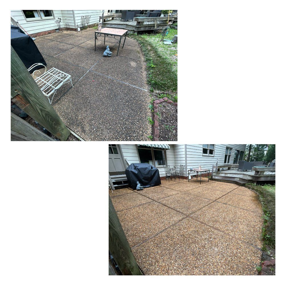Two images show before-and-after of a concrete patio. Top shows old patio, bottom shows cleaned patio.