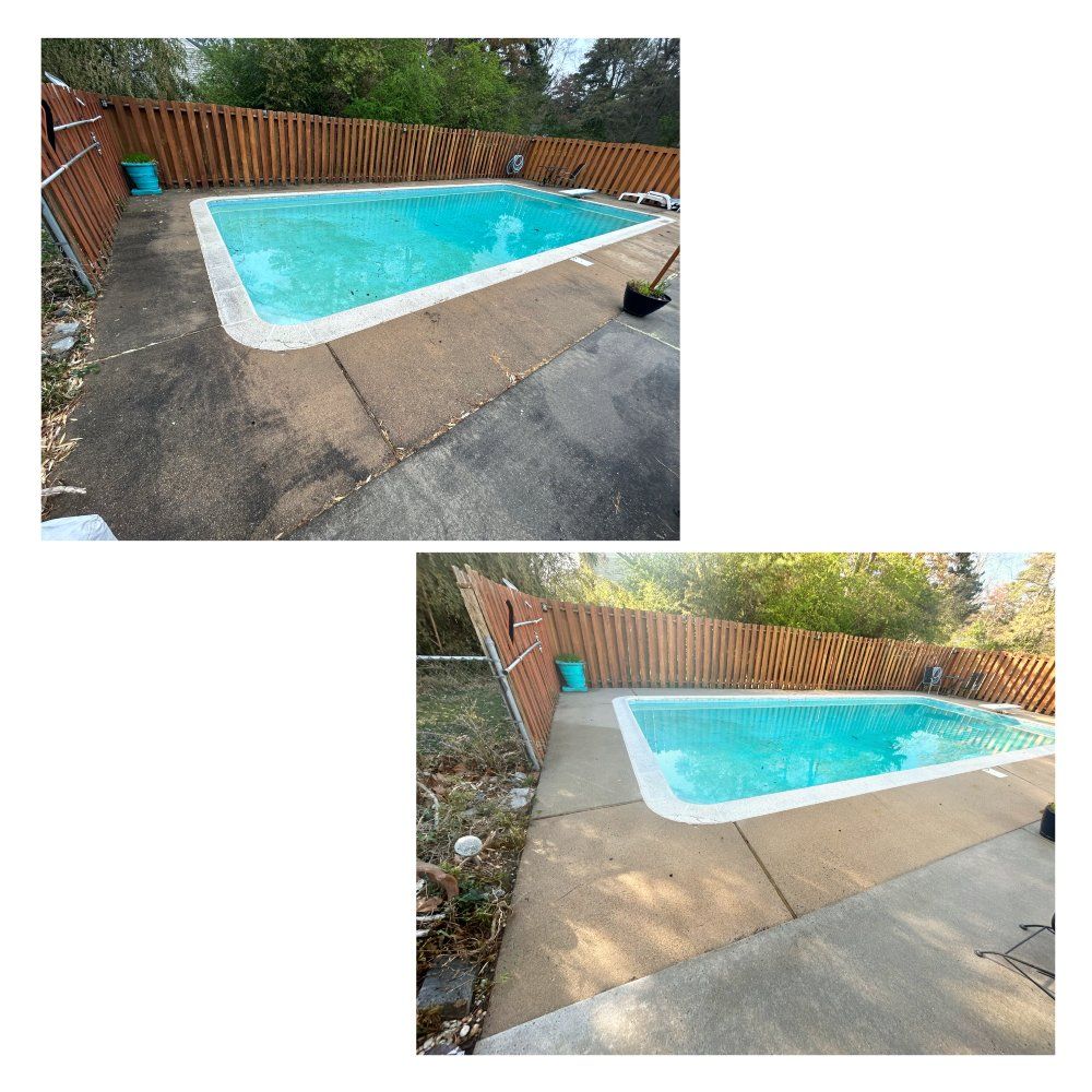 Two views of a rectangular pool with a wooden fence. The concrete surrounding the pool looks cleaned in the bottom photo.