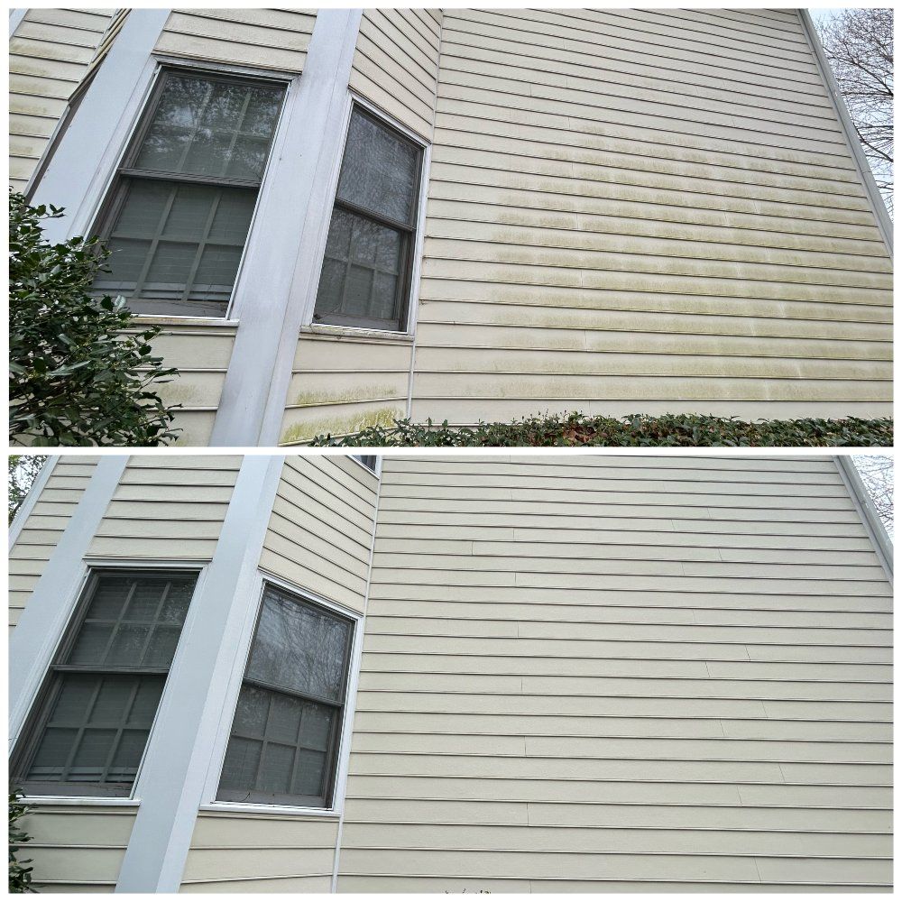 Before and after comparison of house siding cleaning, removing green algae, revealing cleaner beige siding.