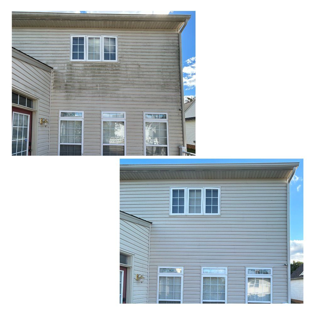 Before-and-after of a house exterior cleaning. The before shows dirty siding, the after clean siding.