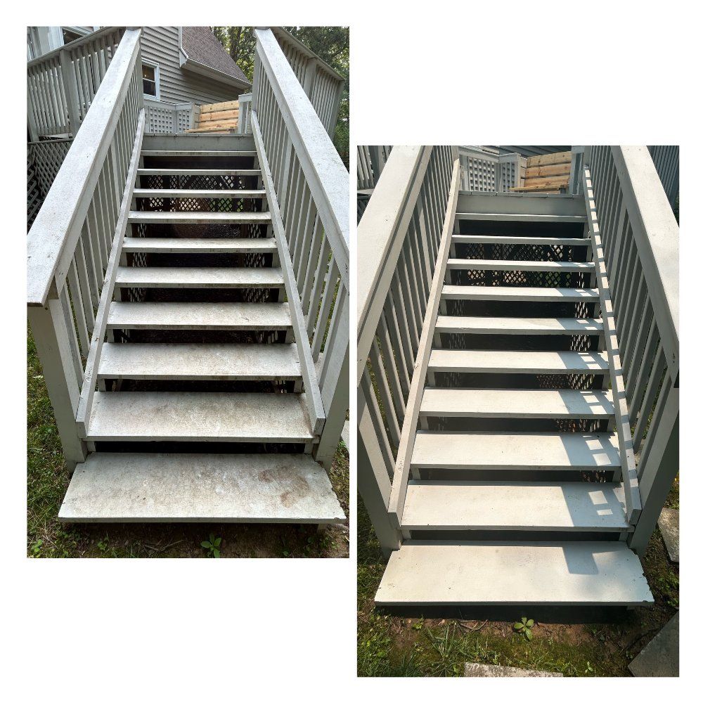 Before/after view of outdoor stairs, painted light gray, with railings and lattice, surrounded by grass.