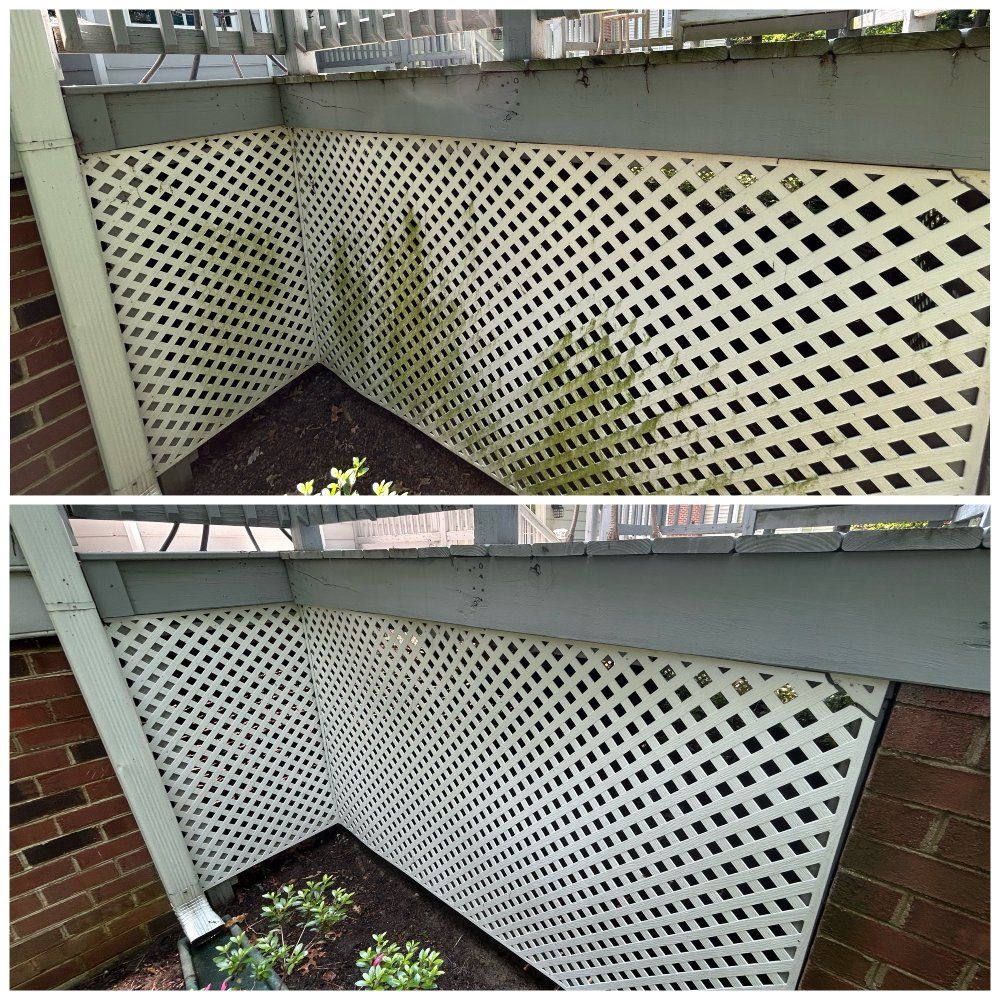 Before and after comparison of a white latticework, cleaning away green algae.
