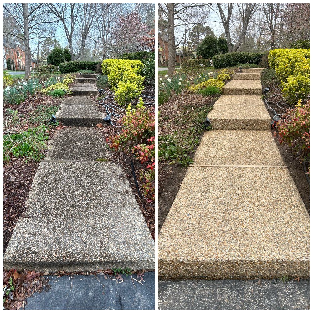 Before and after comparison of a concrete walkway and steps, showing the effect of power washing.
