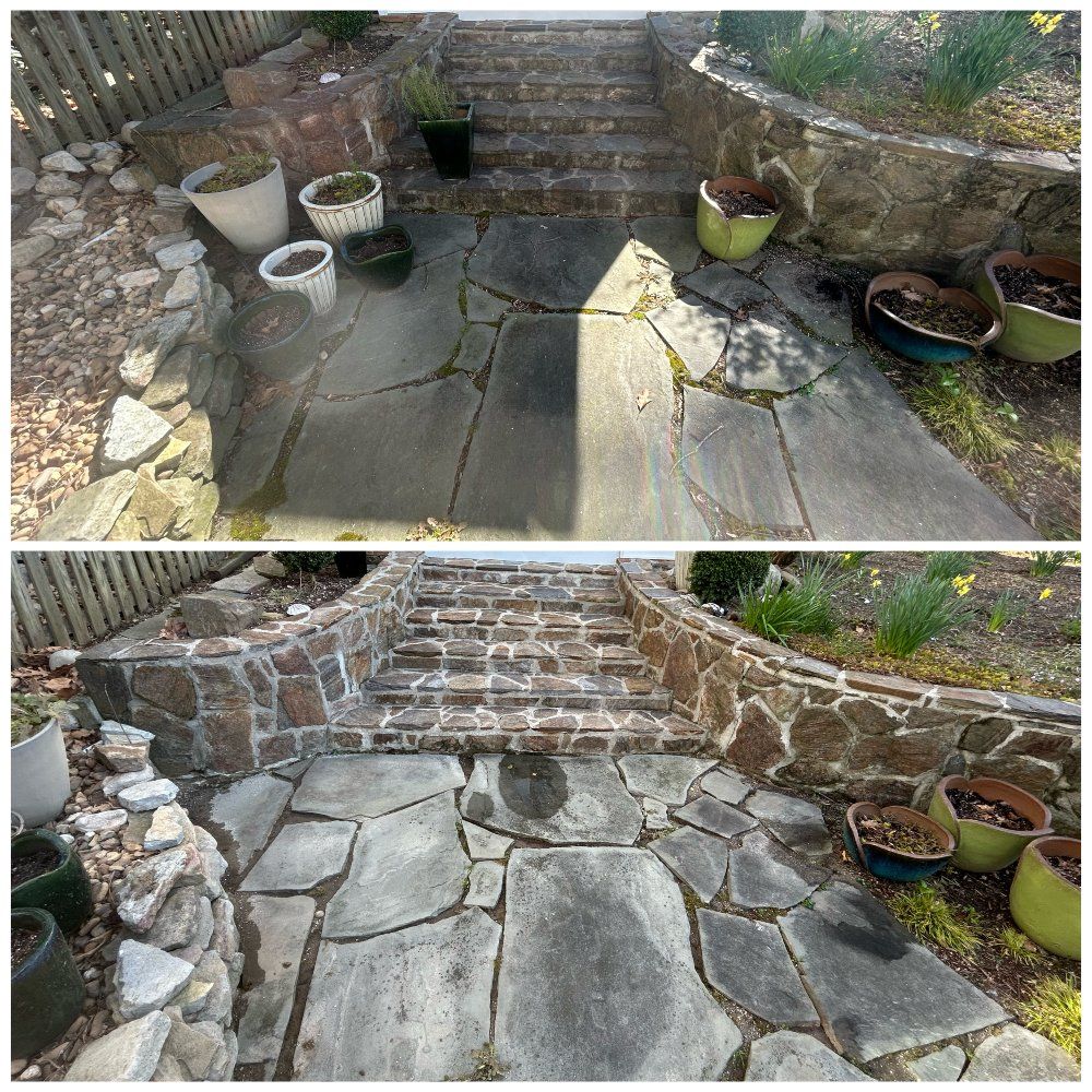 Comparison of a stone patio and steps before and after cleaning. The cleaned areas are brighter.