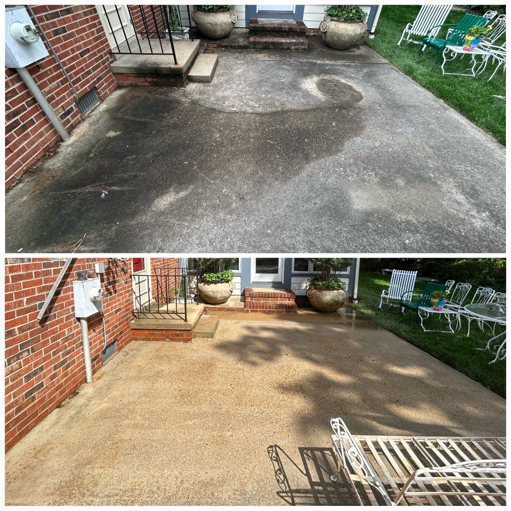 Before and after of a concrete patio cleaned with a pressure washer. Dark surface transforms to a lighter, cleaner color.