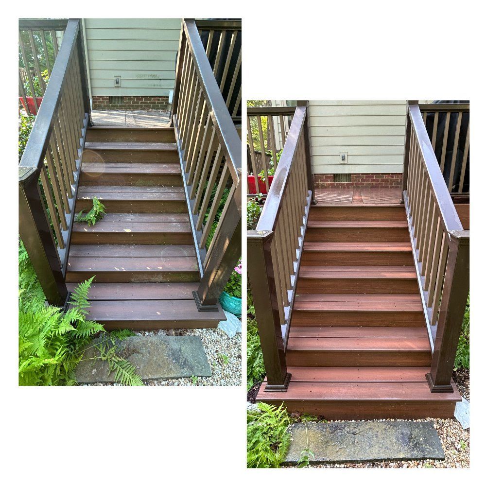 Before and after view of wooden outdoor stairs; stained brown, clean, and well-maintained.