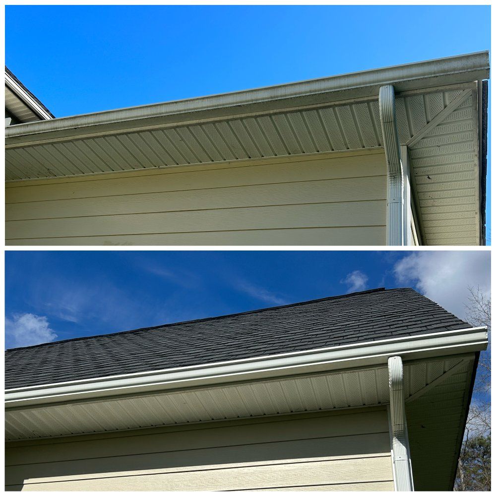 Split image: Top half shows siding and gutter against blue sky. Bottom half shows roofing, siding, and gutter.