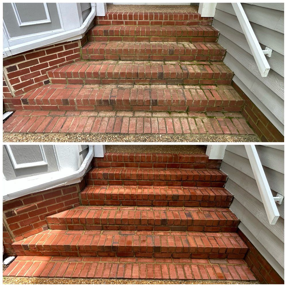 Before and after of brick steps, cleaned. Dirty steps above, clean steps below.