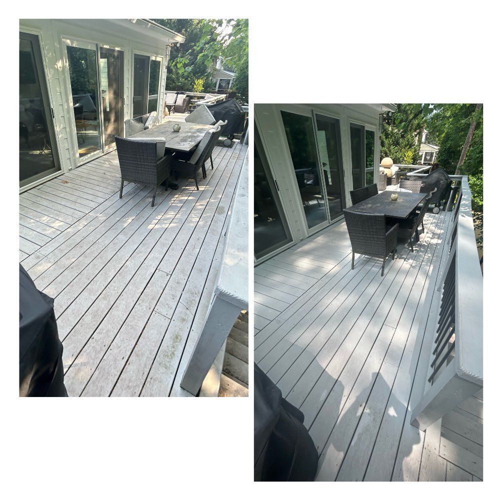 Two views of a white-painted wooden deck with outdoor furniture, next to large glass doors, surrounded by trees.
