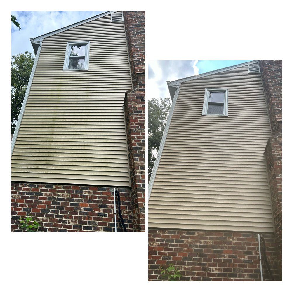 Side-by-side comparison of a house's siding before and after cleaning; showing a significant difference in cleanliness.