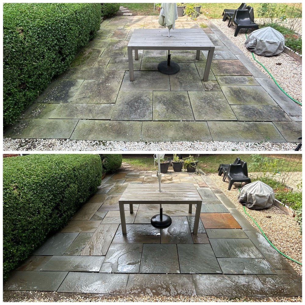 Comparison: dirty and clean stone patio with a table and umbrella. The 