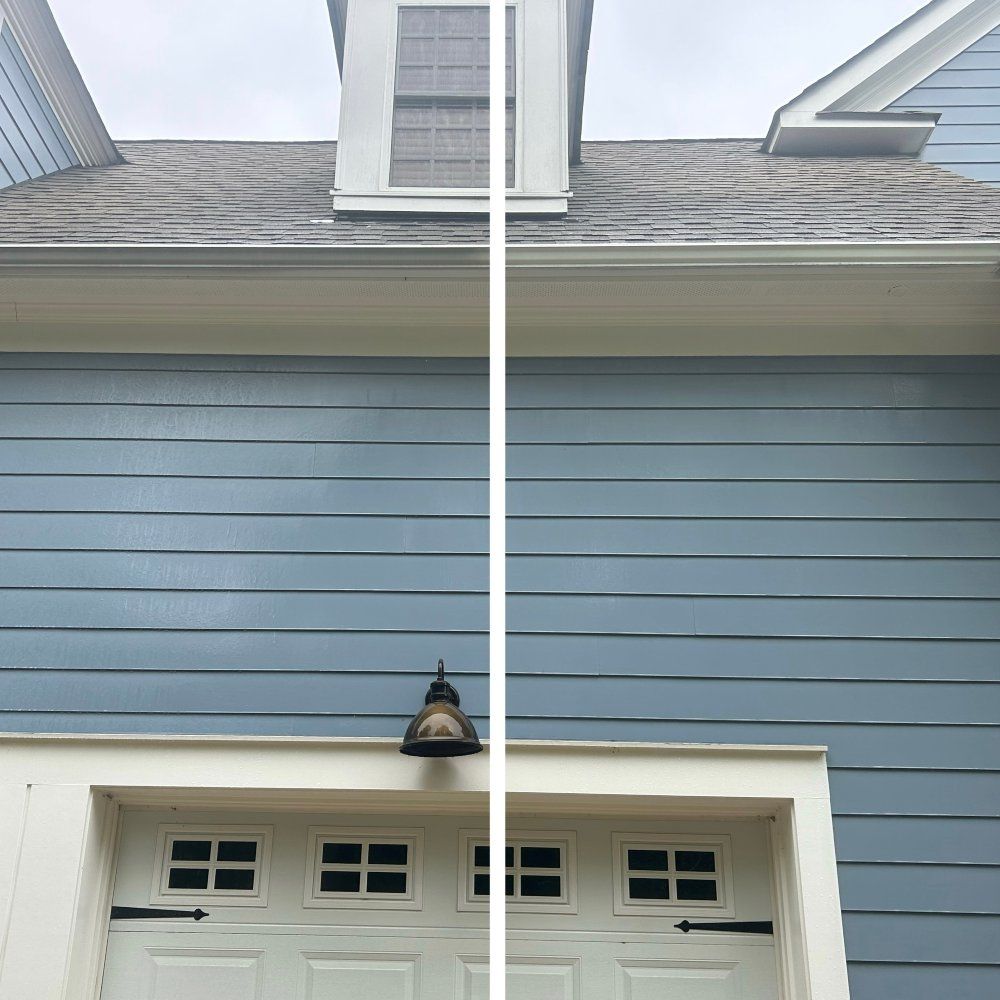 Split view of a house exterior; blue siding, white trim, gray roof, and garage door.