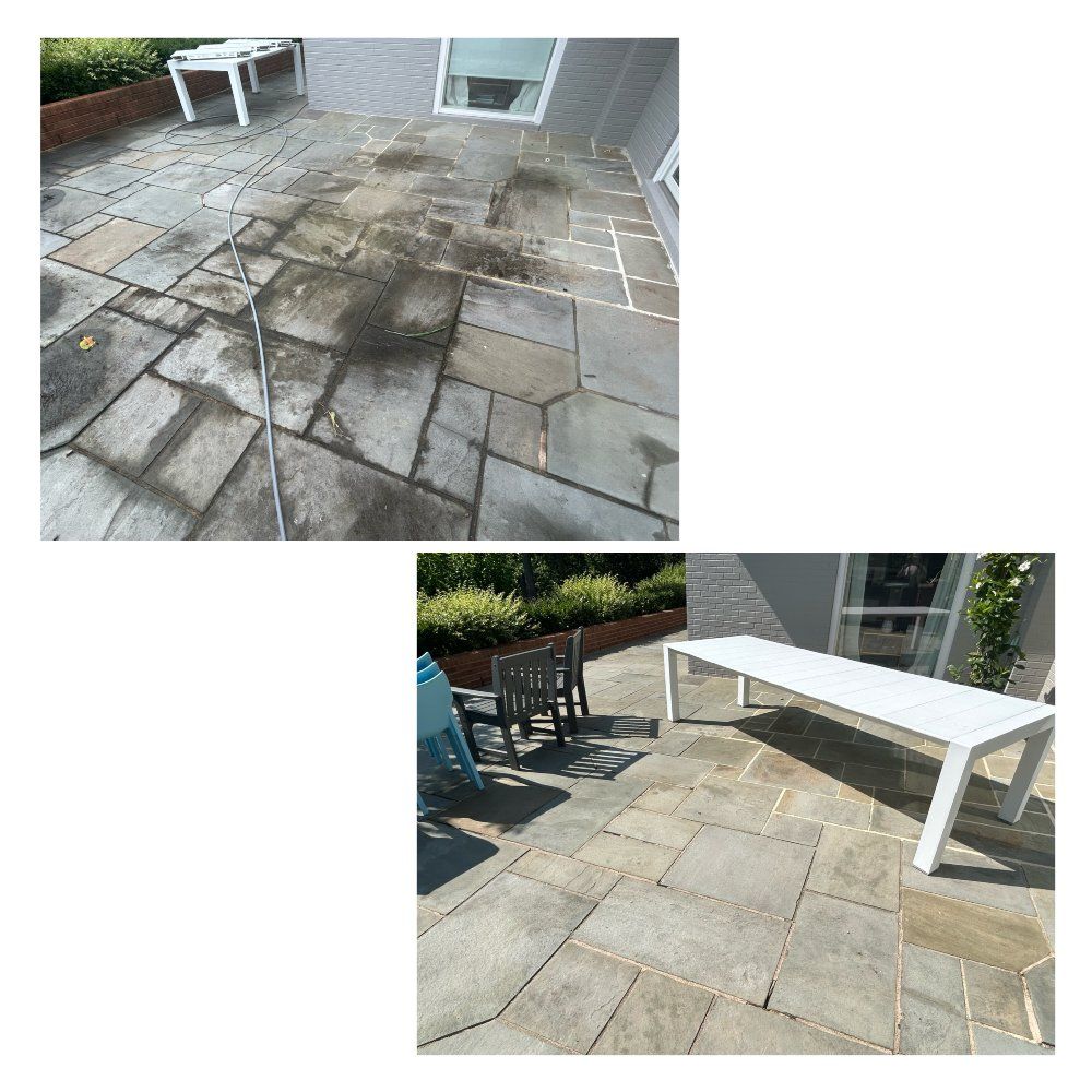 Before and after photos showing a patio being cleaned; stained stone patio becomes clean.