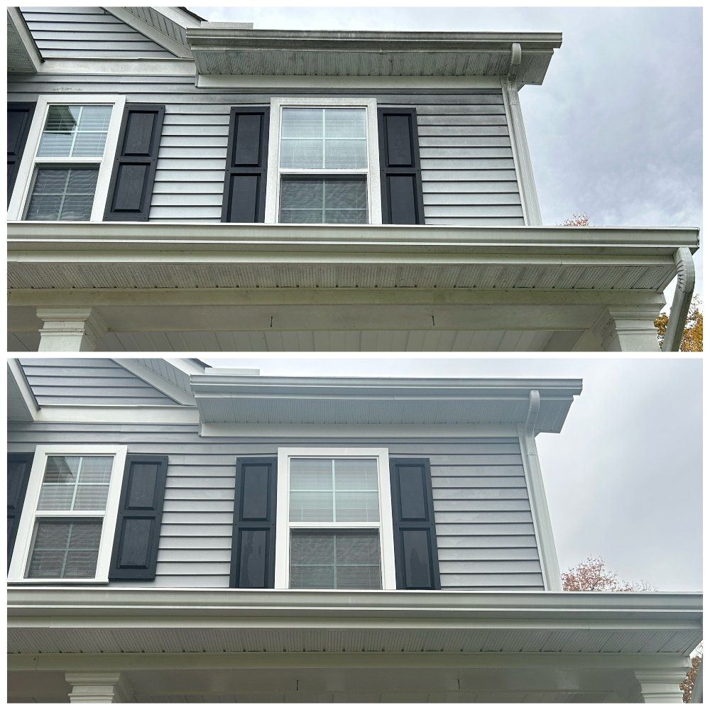 Two photos of a house showing before and after cleaning of the siding and gutters.