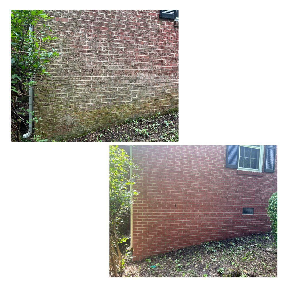 Brick wall before and after cleaning; lower half cleaned, showing dramatic color difference.