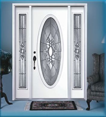 A white door with a stained glass window