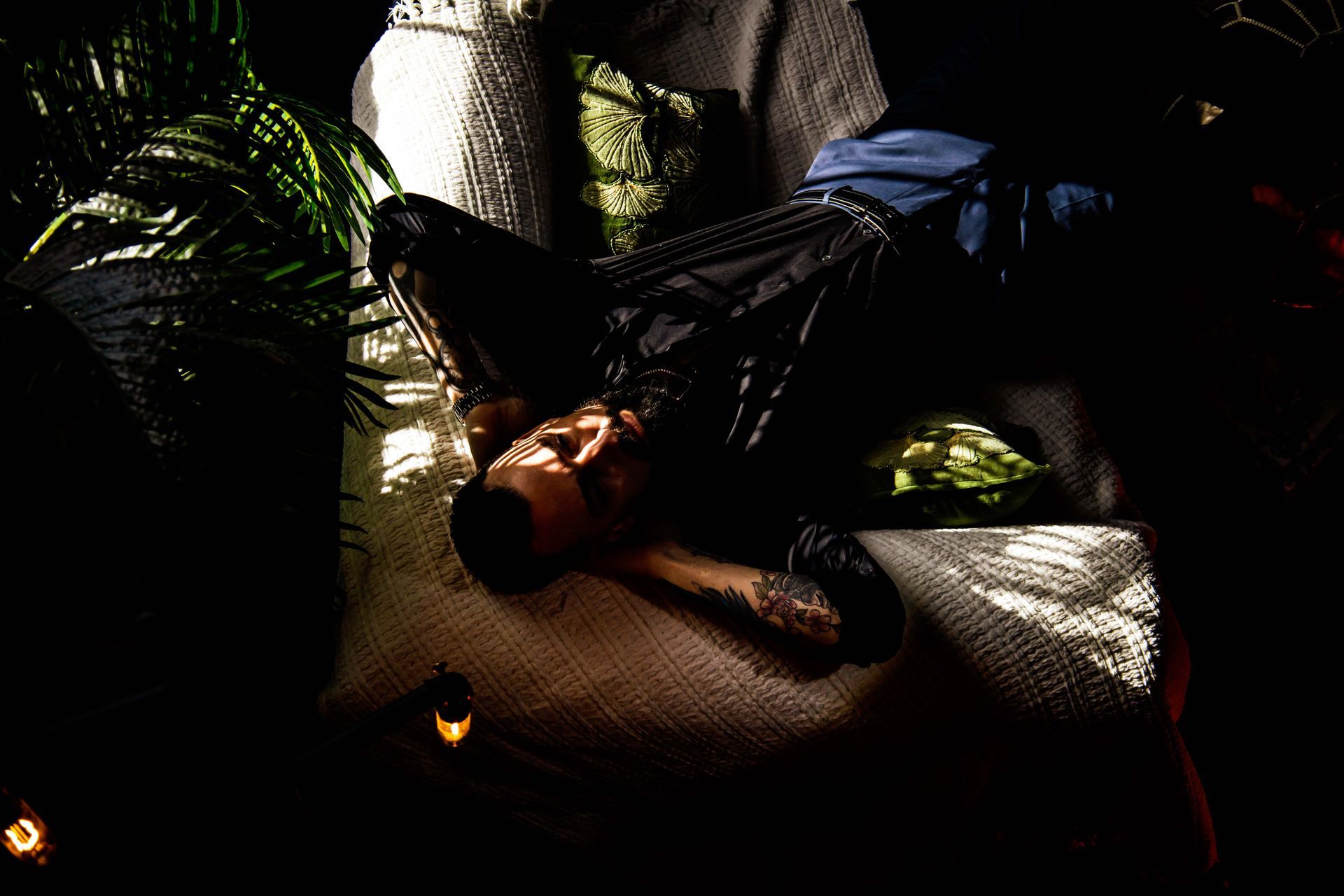 A person lies on a textured surface, surrounded by plants and shadows.