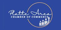 Logo for the Platte Area Chamber of Commerce on a blue background, featuring text and a rising bar graph icon of figures.